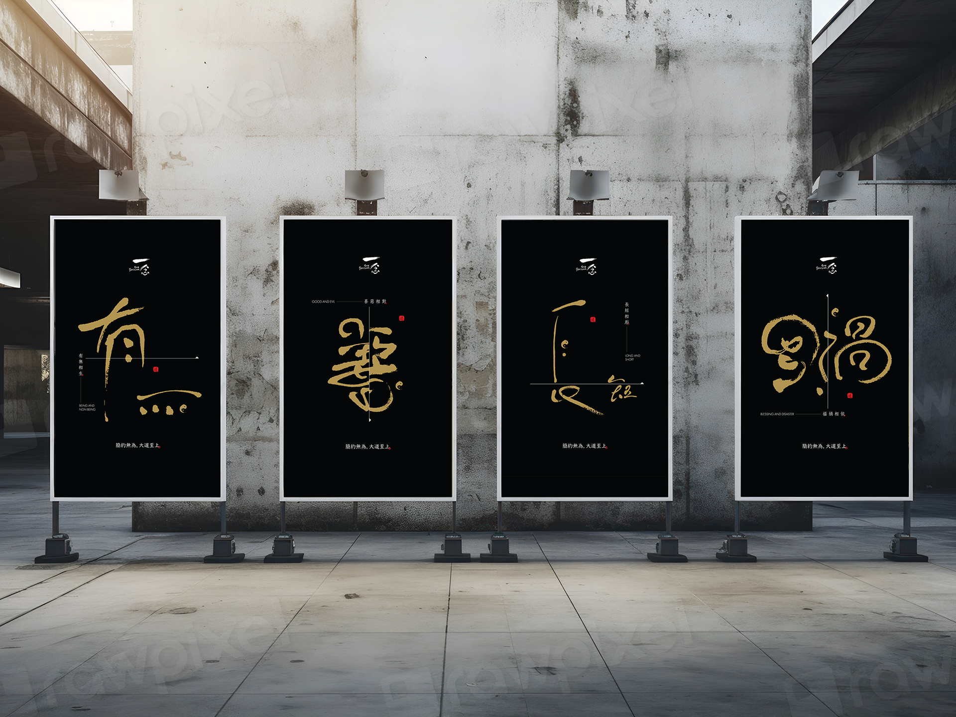 Four black posters with gold Chinese calligraphy displayed on an urban wall.