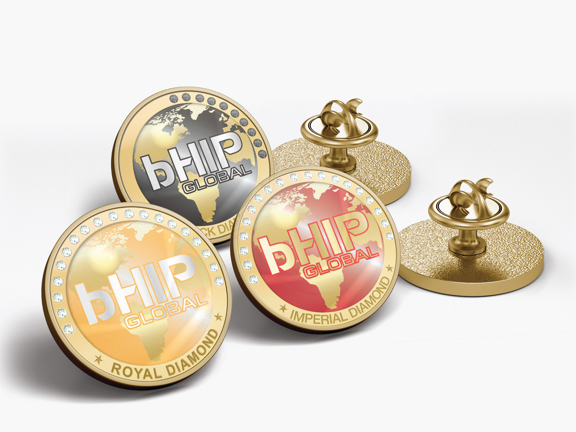 Health Product Print Design & Badge Design-A golden magnet badge with "BHIP Global" written on it, featuring a black, gold, and red design.