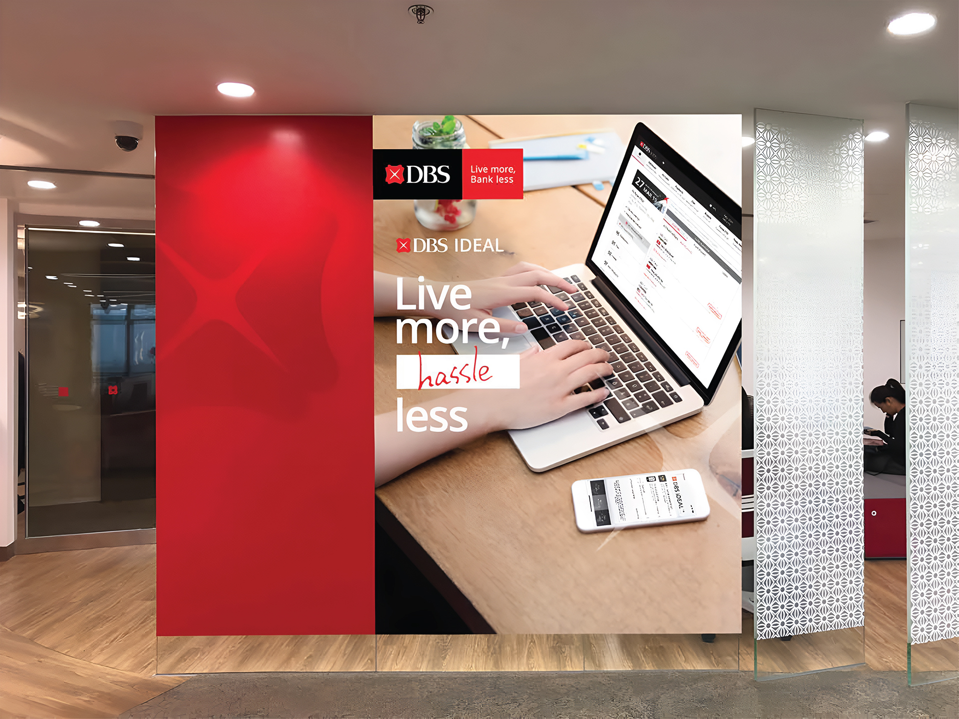 Bank Display Design for DBS Bank's "Live more, Bank less" campaign, created by kwanCREATIVE, featuring a visually engaging Max corner display that elevates the brand image.