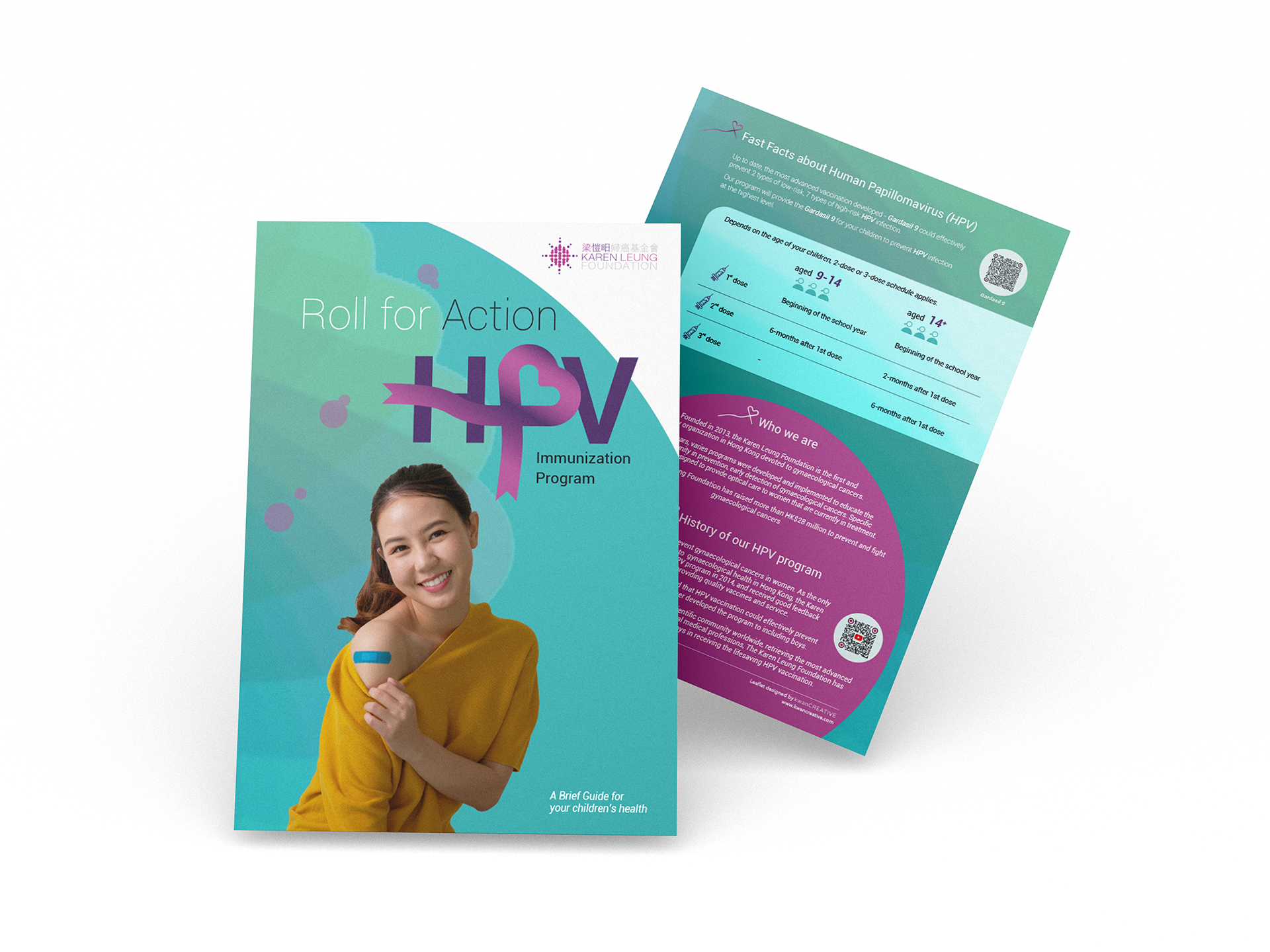 NGO Foundation Leaflet Design by kwan k for Karen Leung Foundation’s HPV protection plan, featuring infographics to raise awareness about women's gynecological cancers.